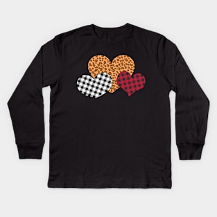 Three Hearts Leopard Buffalo Plaid Valentine's day Gift Kids Long Sleeve T-Shirt